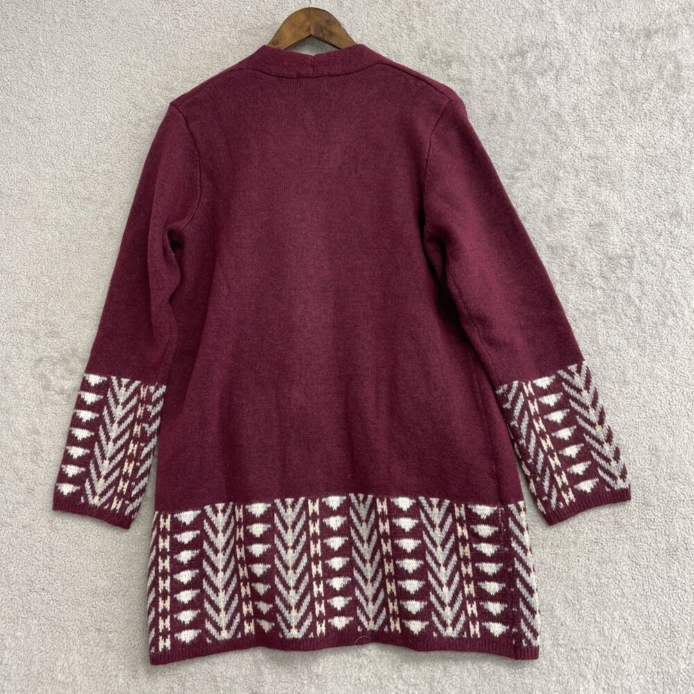 Frye Women's L Burgundy Open Front Cardigan Sweater Aztec Pattern N0531 - Picture 6 of 12